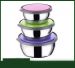 A set of three stainless steel containers with colored lids 12-14-16 cm