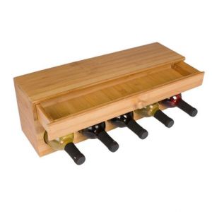 Bamboo 5 Bottle Wine Holder with Attached Storage Drawer - HY1830