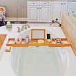 Bamboo Bathtub Caddy Tray with Mirror, 2 Side Detachable Trays & Bonus Free Soap Holder - HY2116