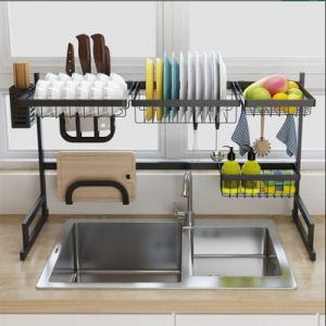 black stainless steel kitchen shelf faucet sink dish drain rack with knife rack cutting board rack 85cm