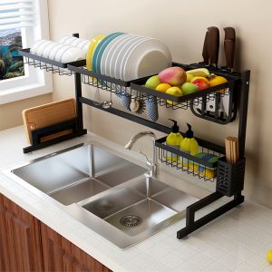 black stainless steel kitchen shelf faucet sink dish drain rack with knife rack cutting board rack 91cm