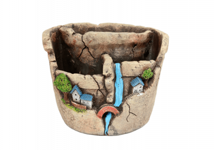 Dekoracyjna ceramiczna doniczka / donica z krajobrazem – wodospad, kolor kamienny