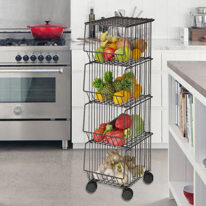Four layers wheeled storage wire basket - brown