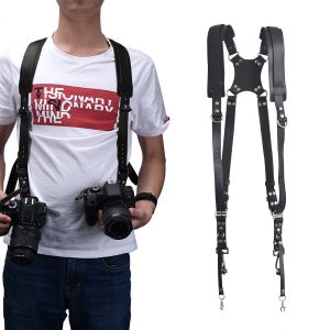 Leather camera shoulder strap Double shoulders - Black Color