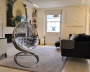 Wicker egg shape swing chair with deep golden stand (deep grey cushion)