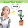 Zabawka dla dzieci - Tańczący kaktus - z czarnym szalikiem w kratę i fioletowym kapeluszem